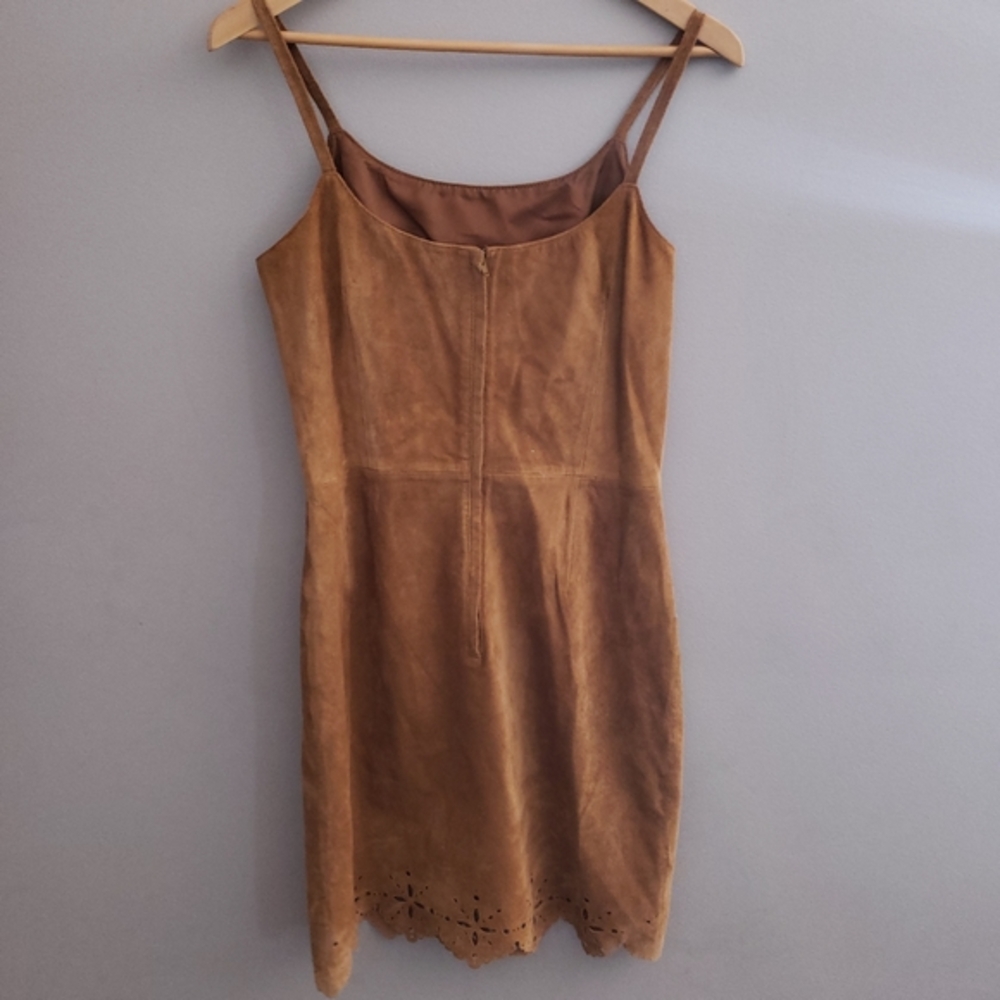 Newport News Styleworks Brown Suede Leather Mini Dress Eyelet Hem G1310 Womens 8